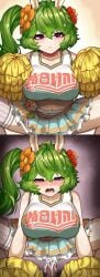 1boy 1girls ao_(user_xcnx5328) blush breasts cheerleader cowgirl_position creampie crying divine_beast_of_harvest_mayreel_(guardian_tales) green_hair guardian_tales instant_loss_2koma large_breasts mayreel_(guardian_tales) penis pom_poms pov sex skirt spread_legs squatting tagme