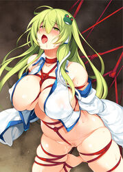 1girls aburidashi_zakuro bare_shoulders barefoot blush bondage bottomless bound_legs box_tie breast_bondage breasts crotch_rope detached_sleeves erect_nipples female frog_hair_ornament green_eyes green_hair hair_ornament hair_tubes large_breasts long_hair open_clothes open_mouth open_shirt pubic_hair pussy rope saliva sanae_kochiya sleeveless sleeveless_shirt snake solo sweat tongue tongue_out touhou