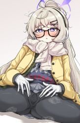 black-framed_eyewear blonde_hair blue_archive blush commentary_request female glasses gloves grey_background halo highres jacket kotama_(blue_archive) kotama_(camp)_(blue_archive) long_hair long_sleeves machismo_fuji millennium_science_school_student official_alternate_costume open_clothes open_jacket pantyhose ponytail purple_eyes purple_halo scarf semi-rimless_eyewear simple_background sitting skirt spread_legs spread_pussy_under_clothes steaming_body sweat veritas_(blue_archive) white_background yellow_jacket