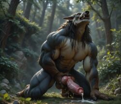 1anthro 1boy 1male ai_generated canine cum cum_on_ground cumming cumshot forest forest_background gay jerk_off knot looking_pleasured male male_only masturbation muscular_male realistic solo werewolf wolf worgen