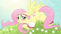 ass blush dandelion edit equine female fluttershy_(mlp) friendship_is_magic grass junglepony looking_back my_little_pony pegasus presenting pussy smooth_skin solo sweatband wings