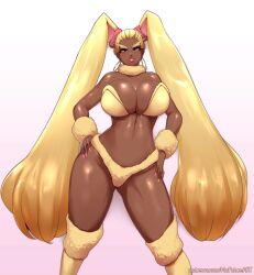 2023 big_breasts big_ears blonde_hair bunny_ears dark-skinned_female dark_skin earrings generation_4_pokemon hands_on_hips hi_res hoop_earrings hoop_earrings_oversized humanoid long_ears looking_at_viewer lopunny narrowed_eyes nintendo nofuture pink_eyes pink_lipstick pokémon_(species) pokemon pokemon_(species) solo thick_thighs wide_hips