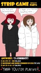 2females 2girls black_coat bodily_fluids brown_hair cleavage coat english_text female green_eyes heart history_teacher_(lowgradef) lowgradef lowgradef_(copyright) math_teacher_(lowgradef) multiple_girls number numbers red_hair speech_bubble strip_game sweat text text_bubble white_coat