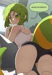 1girls angry ass blush chameleon_girl_(junkzero) english_text green_eyes green_hair junkzero looking_back shorts speech_bubble tail