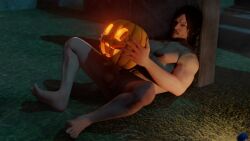 1boy death_stranding elmamoru jack-o'-lantern lying male_focus male_only masculine masturbation nude penis pumpkin_fucking sam_porter_bridges solo