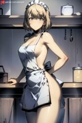 ai_generated apron arm_behind_back bangs bare_arms bare_shoulders blonde_hair blush breasts brown_eyes brown_hair cha_hae-in cha_hae_in cleavage closed_mouth cowboy_shot edosynf female grey_eyes highres indoors kitchen large_breasts looking_at_viewer maid maid_headdress medium_breasts naked_apron patreon_logo patreon_username short_hair sideboob solo solo_leveling standing thighs watermark white_apron