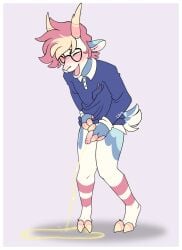 1boy 2022 anthro anthro_only artist_name biped blue_clothing blue_shirt blue_topwear blush bodily_fluids bottomless bovid citris clothed clothing digital_media_(artwork) eyewear furry furry_only genital_fluids genitals glasses hand_on_own_penis hand_on_penis hi_res holding_penis hooves horn male male_peeing mammal no_humans omorashi open_mouth peeing peeing_on_ground penis scut_tail shirt short_tail simple_background solo standing tail topwear urinating_male urination urine urine_pool yellow_urine