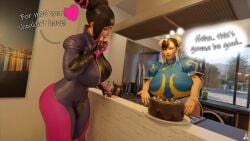 2girls 3d big_ass big_breasts big_butt cake chun-li english_text hair_buns juri_han lazza_(artist) short_hair street_fighter street_fighter_6 street_fighter_v