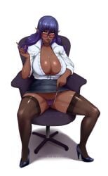 1girls 2023 amber_eyes big_breasts blue_hair blush dark-skinned_female dark_elf dark_skin delva_celebrian elf elf_ears elf_female female female_only glasses heels inner_sideboob long_hair looking_at_viewer nofuture office_chair office_lady playing_with_hair purple_lipstick sitting sitting_on_chair smiling smiling_at_viewer solo spread_legs stockings thick_thighs thong very_high_resolution white_background youkoso!_sukebe_elf_no_mori_e