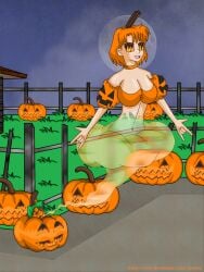 ami_mizuno bishoujo_senshi_sailor_moon body_modification bra clothing djinn female femsub genie halloween j-greene jack-o'-lantern large_breasts makeup midriff mind_control navel orange_hair plant_girl plant_transformation post_transformation pumpkin pumpkin_girl pumpkin_head transformation transformation_sequence