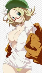 1girls :p assistant_pokemon_professor bianca_(pokemon) blonde_hair bow breasts cameltoe checkered checkered_background cleavage erect_nipples female glasses green_eyes hat highres huge_breasts human jacket large_breasts nintendo no_bra no_pants off_shoulder panties pokemon pokemon_bw2 short_hair solo thigh_gap tongue toru_k unbuttoned underwear undressing