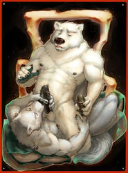 2boys abs anthro bear biceps black_claws black_nipples black_nose black_penis canine claws ear_piercing erection fur furry furry_only gay grey_fur handjob humanoid_penis male male_only muscles necklace nipple_piercing nipples no_humans nude open_mouth pecs penis piercing pockyrumz polar_bear white_fur wolf yaoi