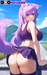 1girls :3 :p ai_generated ass ass_focus blush breasts curvy cute dog_ears dog_girl doggirl female female_only happy highres hips huge_ass huge_breasts kemonomimi light_skin light_skinned_female long_hair looking_at_viewer looking_back outside patreon_username petgirl petite public public_nudity purple_ears purple_eyes purple_hair purple_tail rear_view road skirt skirt_lift sports_bra standing thick_thighs thighhighs thighs tongue tori toriwoofs watermark wide_hips wolf_ears