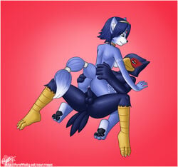 anthro anus ass balls blue_hair breasts canine falco_lombardi female fox fur furry green_eyes hair krystal male nintendo nude penetration penis plain_background pussy rapps sex star_fox straight vaginal_penetration video_games