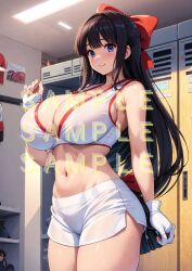 1girls ai_generated big_breasts black_hair blue_eyes blush breasts busty child_bearing_hips cleavage fingerless_gloves hair_ribbon king_of_fighters large_breasts legs locker_room looking_at_viewer midriff nakoruru ribbon sample sample_watermark samurai_shodown sensual shorts smile snk solo tank_top thick_thighs thighs