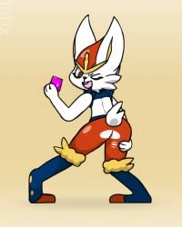 ambiguous_gender bunny bunny_ears bunny_tail cinderace condom_wrapper cute firealpaca furry nintendo orange_background pokemon pokemon_(species) poster practice presenting_hindquarters rabbit rabbit_ears rabbit_tail ripped_clothing ripped_pants white_body white_fur