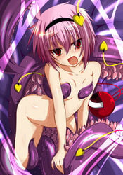 1girls arched_back arm_support bare_shoulders blush breasts covering covering_breasts creature empty_eyes eyeball female fumihiro hairband heart high_resolution leaning_forward nude nude_cover open_mouth pink_hair pussy_juice red_eyes satori_komeiji short_hair solo tentacle touhou