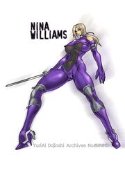 blonde_hair blue_eyes bodysuit breasts cameltoe death_by_degrees elbow_gloves high_heels huge_breasts large_breasts long_gloves namco nina_williams ponytail spread_legs sword tekken tekken_1 tekken_2 tekken_3 tekken_4 tekken_5_dark_resurrection tekken_blood_vengeance tekken_tag_tournament tekken_tag_tournament_2 thick_thighs tied_hair tight_clothes weapon yuri-ai