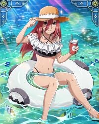 bare_legs beach brown_eyes exposed_belly holding_drink long_hair looking_at_viewer naruto naruto_(series) official_art red_hair relaxing sea sitting solo_female straw_hat summer summer_hat sweatdrop swimsuit tayuya tropical vacation