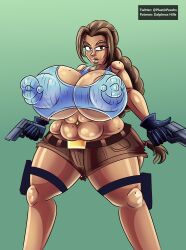 abs areola_bulge areolae bare_midriff braid brown_eyes brown_hair busty cleavage crop_top dalpheushills dual_wielding erect_nipples female female_focus female_only gloves hourglass_figure lara_croft lara_croft_(classic) large_breasts long_hair muscles muscular muscular_female navel navel_piercing nipple_bulge nipple_piercing piercing pistol see-through see-through_clothing short_shorts tagme thigh_highs tomb_raider underboob wide_hips