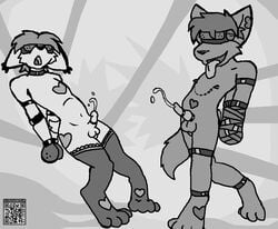 2boys anthro blindfold bondage bound canine cum erection feet fur furry future gay lagomorph male male_only masturbation monochrome ms_paint nipples nude oekaki paws penis sci-fi shinokorosha standing stockings testicles text wolf