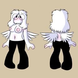 1girls beady_eyes big_areola black_legs blushing_profusely embarrassed embarrassed_nude_female glasses shy topless_female white_skin wings