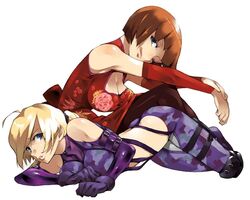 anna_williams blonde_hair blue_eyes bob_cut bodysuit brown_hair chinese_clothes cleavage clothes death_by_degrees detached_sleeves female gloves heisa human knee_pads namco nina_williams ponytail red_dress sisters tekken tekken_1 tekken_2 tekken_3 tekken_4 tekken_5_dark_resurrection tekken_tag_tournament tekken_tag_tournament_2 tekken_the_motion_picture tied_hair