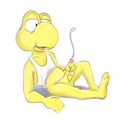 anthro balls bodily_fluids clothed clothing cum cumshot ejaculation genital_fluids genitals hi_res koopa koopa_troopa male mario_(series) masturbation nintendo open_mouth pantsless partially_clothed penis relaxed_expression relaxing reptile scalie sitting solo turtle twerpishimp