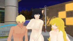 1boy 2girls arm_covers_breast bikini_bottom_removed black_hair black_hair_female blake_belladonna blonde_female blonde_hair casual cat_ears covering_breasts female hand_covering_pussy human nude_female pale_skin rwby sun_wukong_(rwby) swimming_trunks_down theblackbirdcalls yang_xiao_long