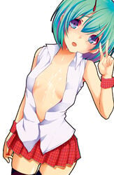 1girls antennae bare_shoulders black_legwear blue_eyes cum cum_on_body cum_on_upper_body female flat_chest green_hair migi_lee open_clothes open_shirt short_hair skirt sleeveless solo thighhighs touhou v wriggle_nightbug wristband