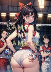 1girls 2boys ai_generated ass big_ass big_breasts black_hair blue_eyes busty fat_ass female fingerless_gloves hair_ribbon hi_res king_of_fighters large_breasts legs long_hair looking_at_viewer looking_back male nakoruru open_mouth parted_lips sample sample_watermark samurai_shodown sensual shorts sideboob smile snk thick_thighs volleyball volleyball_uniform voluptuous