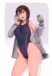 belly_button big_breasts brown_hair kantai_collection looking_at_viewer looking_down one-piece_swimsuit open_jacket slim_waist swimmer swimsuit teenager wide_hips yuuji_(and)