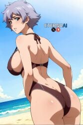 1girls ai_generated artist_name ass beach big_ass big_breasts black_eyes bleach blush blush breasts curvaceous curvy curvy_body curvy_female curvy_figure embarrassed eternoai female female_only from_behind huge_ass huge_breasts kotetsu_isane light-skinned_female light_skin nai_diffusion one-piece_swimsuit patreon_username revealing_swimsuit seaside short_hair shy sideboob silver_hair solo solo_focus stable_diffusion swimsuit text twitter_username watermark