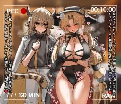 1boy 1girls animal_ears arknights aroused barefoot big_breasts bison_(arknights) black_one-piece_swimsuit blonde_hair blush braided_hair breasts camera_view chest cleavage clothes fangs filming green_eyes hand_around_waist hand_under_breasts hat head_tilt heart heavy_breathing hips horn/wood horns japanese_text kemonomimi large_breasts long_hair looking_at_viewer navel_visible_through_clothes necklace one-piece_swimsuit open_mouth smile standing steaming_body swimsuit swire_(arknights) swire_the_elegant_wit_(arknights) tail text thighs translation_request very_long_hair wet