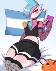 1boy argentine_flag black_eyes blush bulge femboy fishnet_armwear fishnet_stockings fishnets gallade generation_4_pokemon girly holding_phone looking_at_viewer male male_only nintendo penis_bulge phone piercing plushie pochita_(chainsaw_man) pokémon_(species) pokemon pokemon_(species) saltyxodium skirt smiling smiling_at_viewer solo tagme tank_top thick_thighs transgender_pride_colors trap very_high_resolution