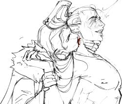 ahe_gao biting_neck blood blush choking consensual dark_eldar drukhari ear_piercing eldar enjoying eyes_rolling_back gay holding_neck holding_wrist imperium_of_man long_hair marazhai_aezyrraesh mouth_open nipple_piercing pointy_ears ponytail rogue_trader rogue_trader_(video_game) sharp_teeth shirtless somatrasiel submissive_male warhammer_(franchise) warhammer_40k