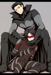 2boys aged_up batman batman_(damian_wayne) batman_(series) blindfold chain247 covered_eyes damian_wayne dc dc_comics dick_grayson duo duo_focus gay green_eyes hero_costume licking male male/male male_focus male_only maledom malesub nightwing robin_(damian_wayne) robin_(dc) tongue tongue_out twink yaoi