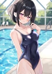 1girls 2020s 2023 absurd_res bare_arms bare_shoulders black_hair black_one-piece_swimsuit blurry breasts closed_mouth competition_swimsuit covered_navel cowboy_shot depth_of_field embarrassed female hi_res highleg highleg_swimsuit looking_at_viewer medium_breasts okiq one-piece_swimsuit one_side_up original pink_eyes pool short_hair solo spaghetti_strap standing strap_pull swimsuit wavy_mouth wet