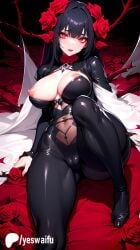 1girls ai_generated big_breasts black_hair breasts cameltoe glowing_eyes latex nipple_slip nipples red_eyes rose_(flower) thorns uncensored yeswaifu