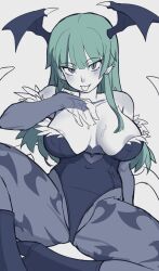 1girls animal_print areola_slip arm_support armpits bare_shoulders bat_print big_breasts breasts bridal_gauntlets busty capcom cleavage clothing_cutout come_hither covered_erect_nipples covered_navel darkstalkers demon_girl drooling female female_only fur-trimmed_leotard fur_trim green_eyes head_wings heart_cutout highres hime_cut horny in_heat leotard long_hair looking_at_viewer morrigan_aensland naughty_face pantyhose print_pantyhose purple_pantyhose saliva sitting smile spread_legs succubus tongue tongue_out wings