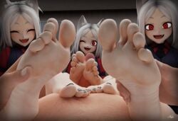 3girls 5_toes :d ;d adorable barefoot cerberus_(helltaker) cute dog_ears eyes_closed feet feet_focus feet_on_chest foot_fetish foot_grab footjob helltaker holding_feet kenaga looking_at_viewer multiple_girls pov red_eyes smiling smiling_at_viewer soles toenail_polish toes white_hair