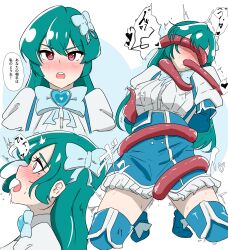 clothed_sex consensual_tentacles female female_focus hair_bow hair_ornament instant_loss japanese_text magia_azul magical_girl mahou_shoujo_ni_akogarete minakami_sayo pink_eyes teal_hair tentacle tentacle_in_mouth tentacle_sex tentacle_under_skirt text translation_request