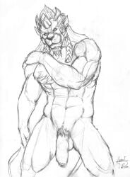 1_horn 2014 anthro artist_request balls braided_hair broken_horn ear_piercing felid final_fantasy final_fantasy_x flaccid foreskin genitals hair hi_res horn humanoid_genitalia humanoid_penis kimahri long_hair male male_only mammal navel nude penis piercing pubes ronso solo square_enix