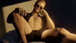 1boy albert_wesker elmamoru glasses male_focus male_only muscular resident_evil sitting solo underwear undressing