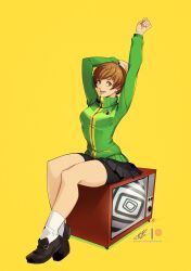 bare_legs bob_cut boots brown_eyes brown_hair chie_satonaka eightyfourart looking_at_viewer persona persona_4 satonaka_chie school_uniform schoolgirl schoolgirl_uniform sitting socks teenager thick_thighs