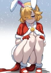 1girls ao_(user_xcnx5328) blonde_hair blue_eyes blush bunny_ears christmas christmas_outfit cute diadem female future_princess_(guardian_tales) guardian_tales medium_hair pale-skinned_female panties petplay pussy roleplay shy squatting tagme teenager