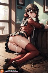 ai_generated brown_hair cum cum_in_ass cum_in_pussy danganronpa danganronpa_(series) danganronpa_3 danganronpa_v3 female female female_only girl harukawa_maki indoors long_hair luname lying miniskirt naked nude pussy red_hair skirt