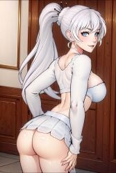 ai_generated ass bare_butt bare_legs butt_crack huge_breasts looking_back miniskirt no_panties rwby tubetop underbutt weiss_schnee