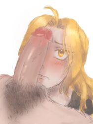 1boy androgynous blonde_hair edward_elric face_closeup fullmetal_alchemist long_hair male_only shy sketch solo_male yellow_eyes