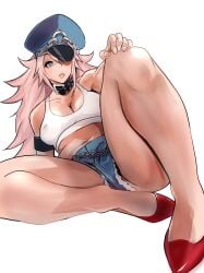 1girls 2024 absurd_res belt_collar bent_legs blue_eyes capcom female female_only final_fight fully_clothed headwear long_hair looking_at_viewer lying meke peaked_cap pink_hair poison_(final_fight) solo street_fighter white_background